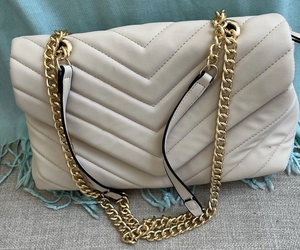 Women's Faux Leather Handbag Cream Gold Chain Shoulder Bag Classic Formal NWOT